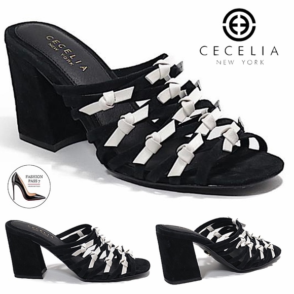 Cecelia New York Rickee Caged Black White Leather Block Heel Sandal Mules Pump 7 - Picture 1 of 10
